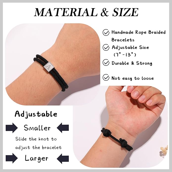 Zocomi Valentines Day Gifts for Him - Rope Initial Bracelet for Men Boys Girls, Stainless Steel A-Z Letter Charm Bracelet, Handmade Braided Bracelet Adjustable 7-13 Inches Jewelry Gifts for Men