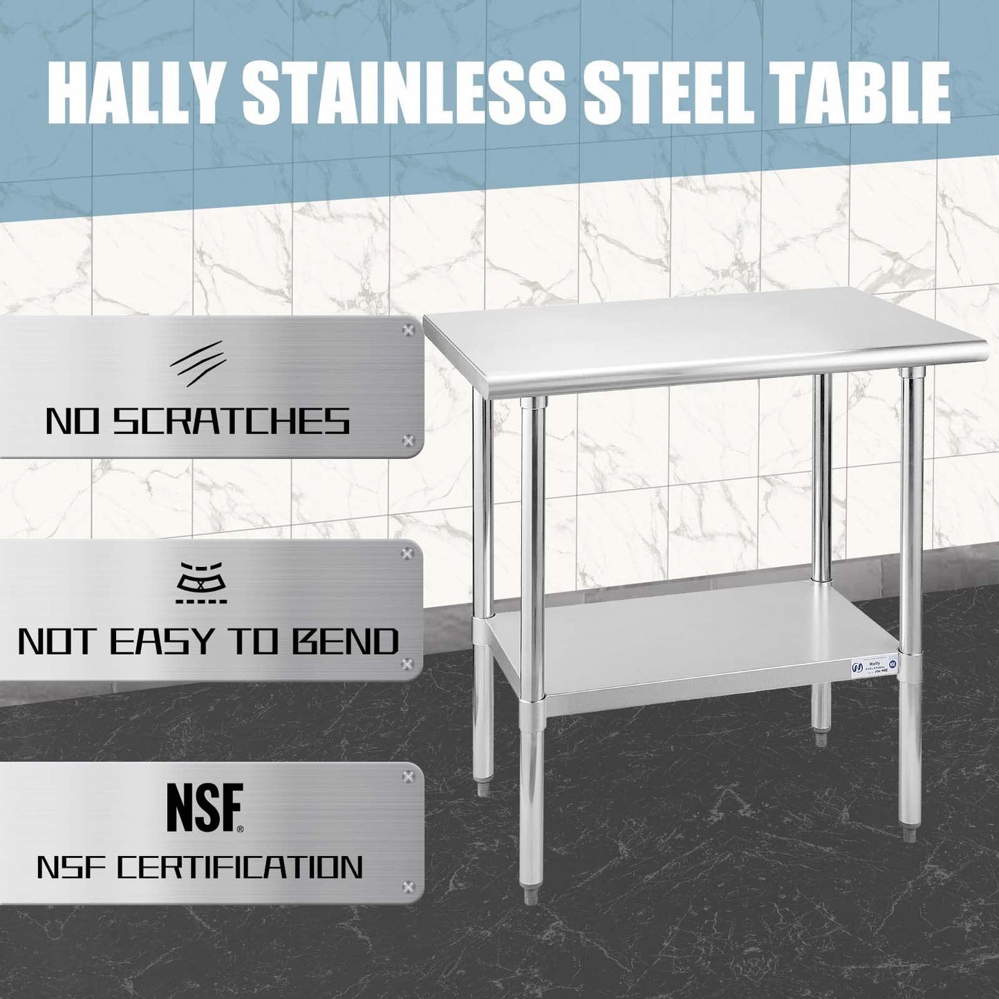 Hally Stainless Steel Table for Prep & Work 24 x 36 Inches, NSF Commercial Heavy Duty Table with Undershelf and Galvanized Legs for Restaurant, Home and Hotel