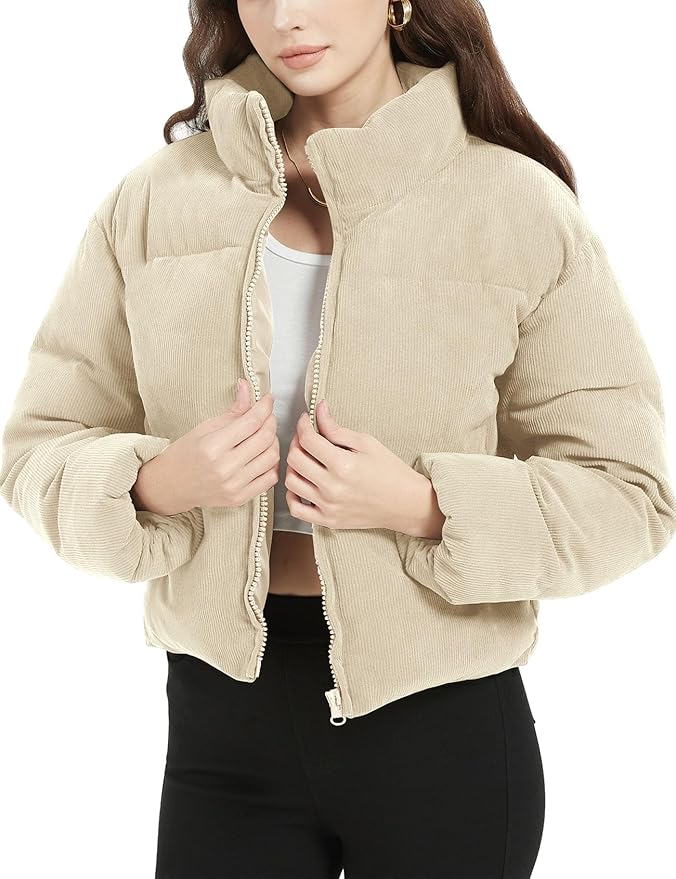 Flygo Womens Cropped Corduroy Puffer Jacket Winter Jackets Warm Long Sleeve Zip Quilted Down Puffer coat