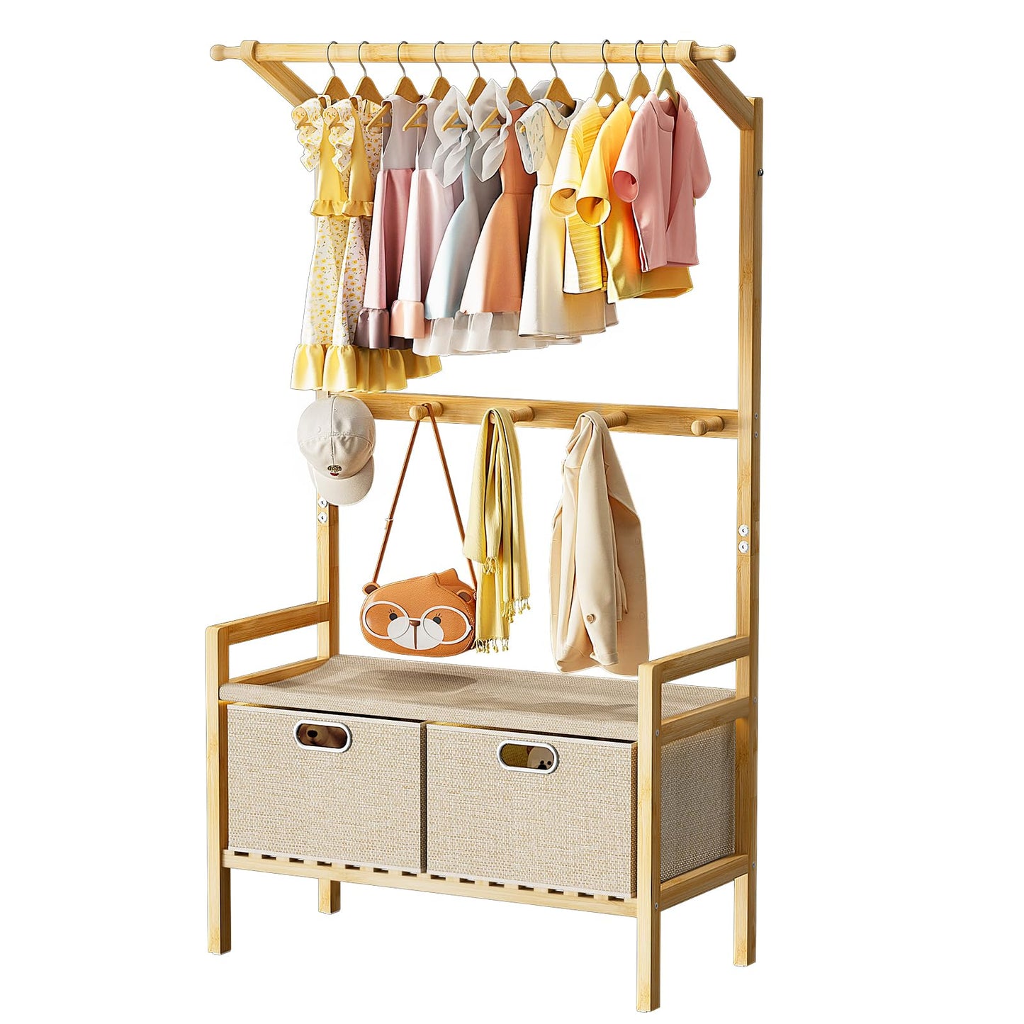 Luxspire Kids Clothing Rack, Bamboo Dress up Storage with 5 Hanging Hooks & 2 Drawers, Small Clothes Garment Rack Toddlers Kids Clothes Organizer for Bedroom Playroom, Burlywood