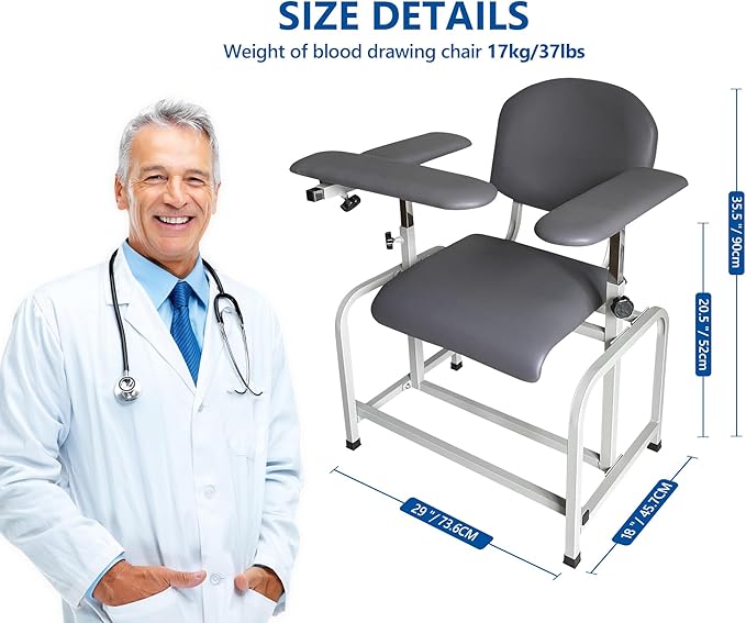 Helsevesen Blood Drawing Phlebotomy Chair, Comfortable Padded Lab Draw Chair with Adjustable Armrest (Grey-24.08)