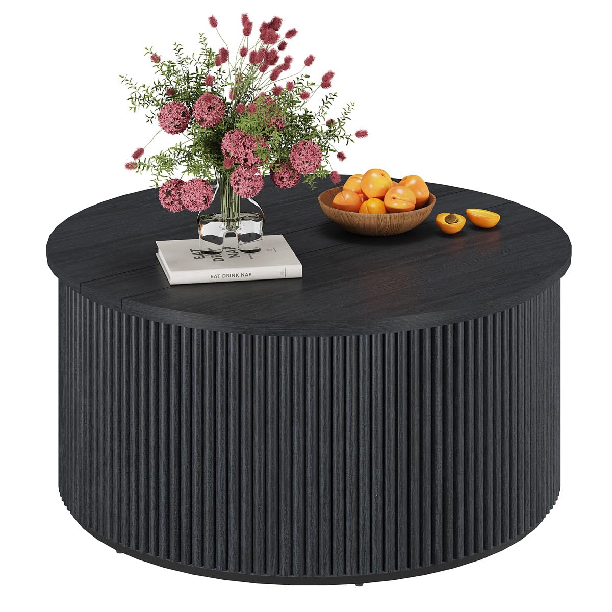 FATORRI Round Coffee Table with Storage, Fluted Wooden Center Table, Circular Mid-Century Modern Coffee Table for Small Space, Living Room, Bedroom, 31.5 Inch, Black