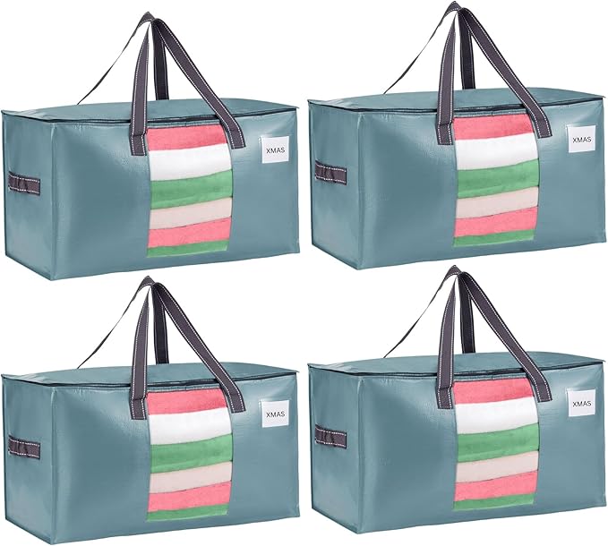 VENO 4 Pack Moving Bags, Comforter and Blanket Storage Bags for Closet, Moving Boxes, Boxes with Lids Alternative, College Dorm Packing Supplies, Foldable Heavy-Duty Tote (Shiny Light Blue, 4 Pack)