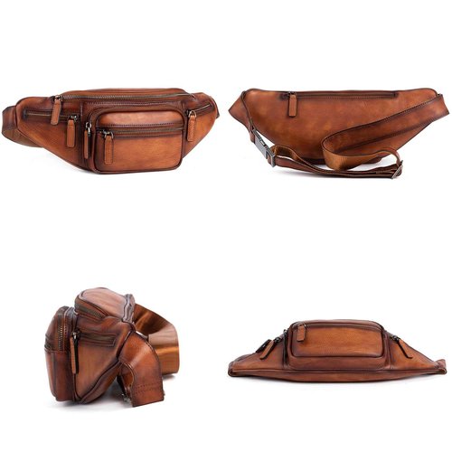 Myunxui Genuine Leather Fanny Pack Waist Bag for Men Women Hip Bum Bag Travel Pouch Sling Bag Crossbody Chest Bags Shoulder Daypack Multiple Pockets Waist Pack Brown