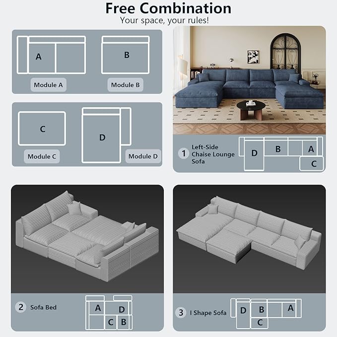 136" Cloud Sectional Couch U-Shaped Chaise with Ottoman, Corduroy Boneless Couch for Living Room Bedroom, Deep-Seat Upholstered Modular Cloud Sofa, No Assembly Required (Blue, Left Facing Chaise)