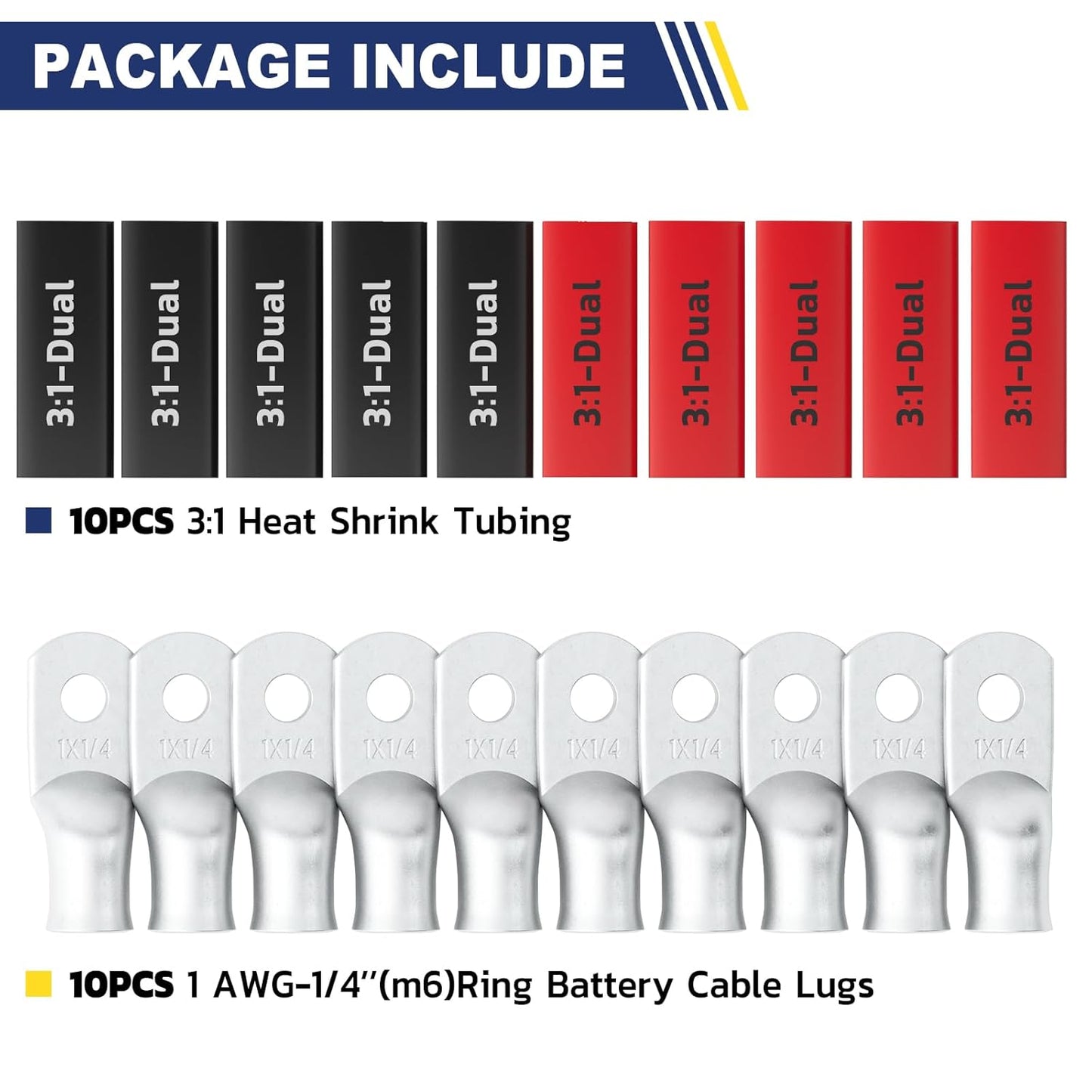 haisstronica 10pcs 1 AWG - 1/4"" (M6) Tinned Copper Battery Lugs, Heavy Duty Copper Wire Lugs with 10pcs 3:1 Adhesive Heat Shrink Tubing, 1 Gauge Wire Lugs, Tinned Copper Battery Cable Ends