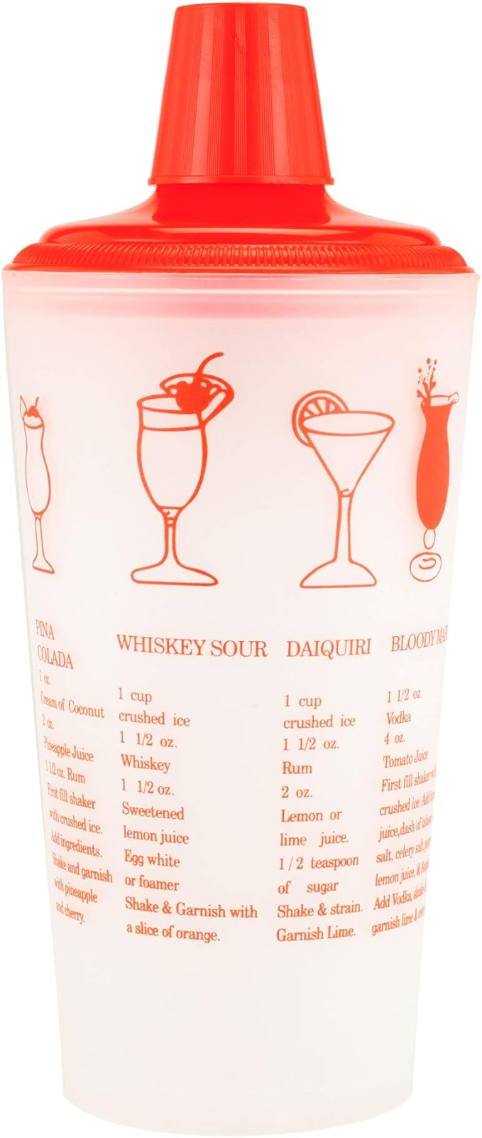 Collins Red Cocktail Recipe Shaker with Cap and Built In Strainer, 30 oz