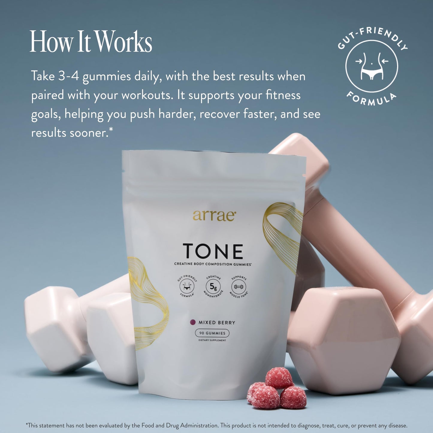 Arrae Tone Gummies – Creatine Monohydrate 5g for Women – Support Lean Muscle, Strength & Recovery – Hormone-Friendly Muscle Toning Supplement – Mixed Berry Flavor – 90 Count