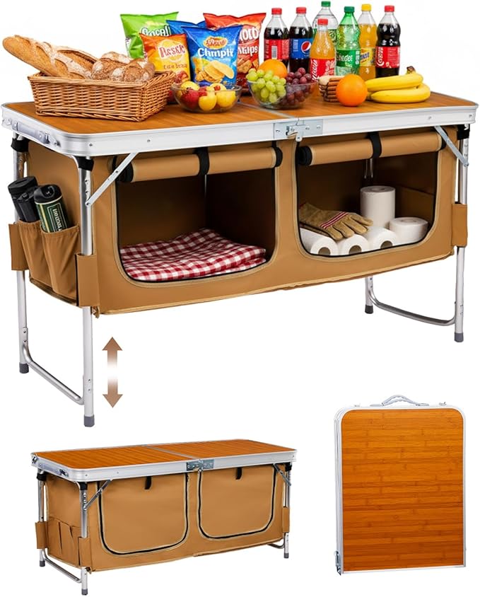 Outvita Folding Table, 4FT Aluminum Camping Table with Large Storage Space and Adjustable Height Picnic Table Lightweight ...
