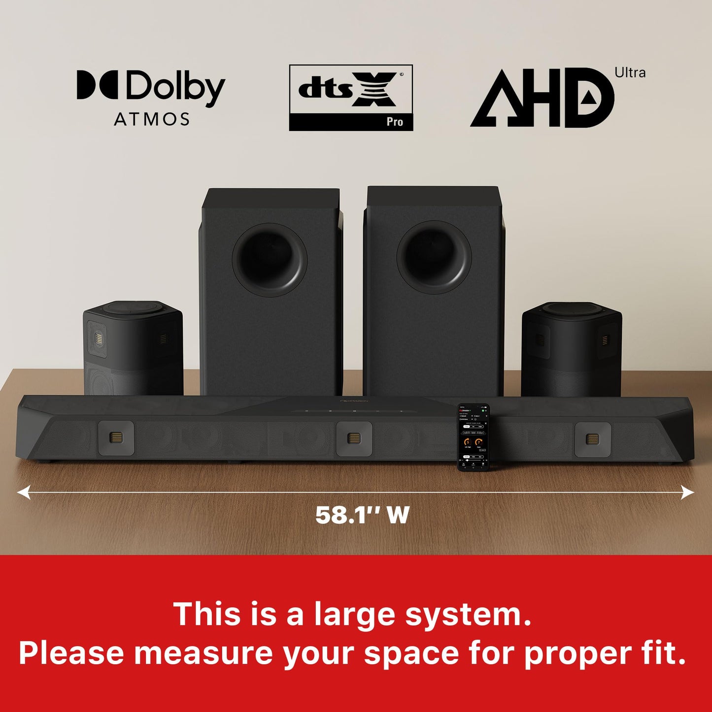 Nakamichi Dragon 11.4.6-Ch Surround System w Dolby Atmos/DTS:X Pro (Pro Cinema Engine), HiFi AMTs, Dual-Opposing 8" Subs, Bipolar Surr, 6 Discrete Height Ch, 3000 Watts Max Output. AVR-Grade Soundbar