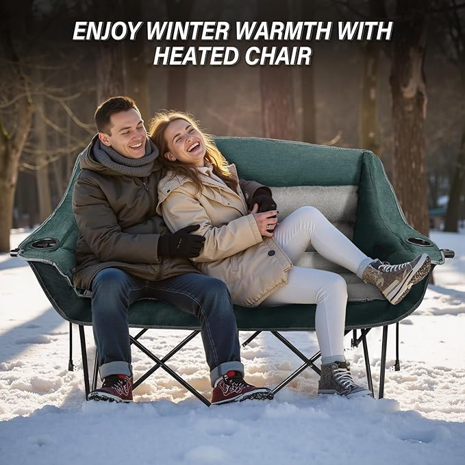 LANMOUNTAIN Heated Double Camping Chairs,3 Heat Levels Padded Portable Loveseat w/Wine Glass Holder,Cup Holder,Heating Outdoor Camp Couch Support 600 Lbs,Dark Green,Battery NOT Included