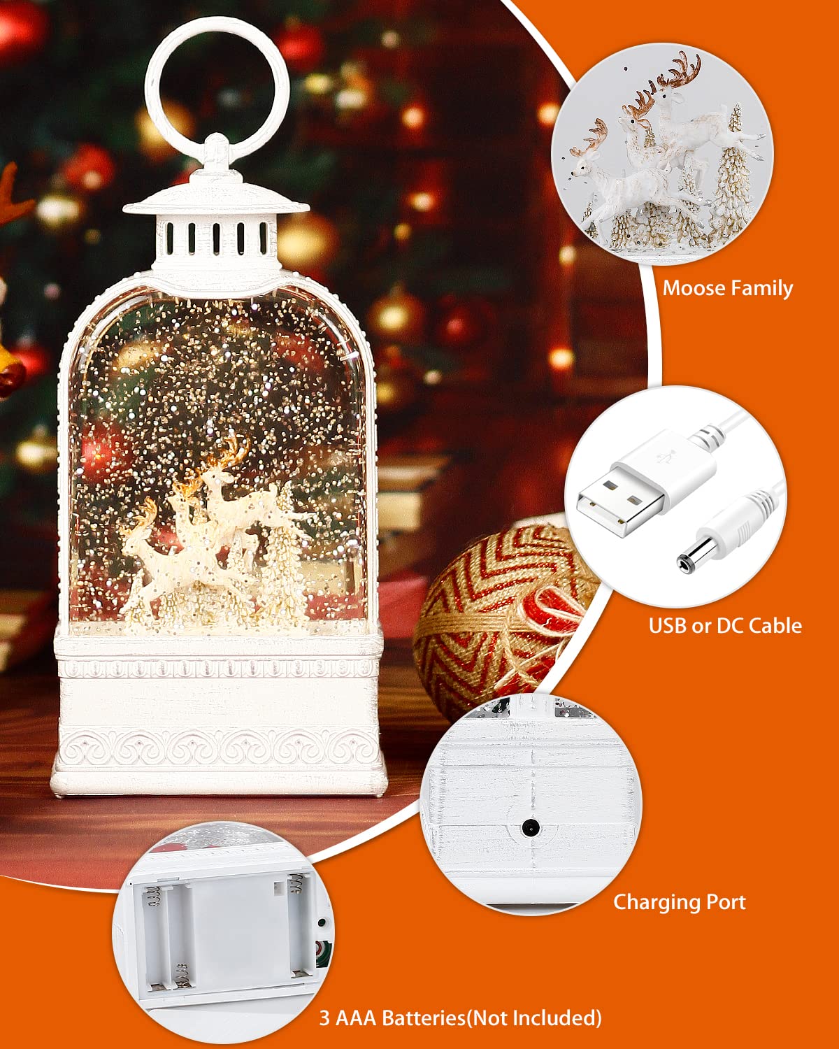 Reindeer Christmas Snow Globes Musical Lightde with 6H Timer Sparkly Swirling Snow Globe Lantern, Christmas Decor Winter Reindeer Gift, Battery or USB Powered White for Christmas Decoration (9.9Inch)