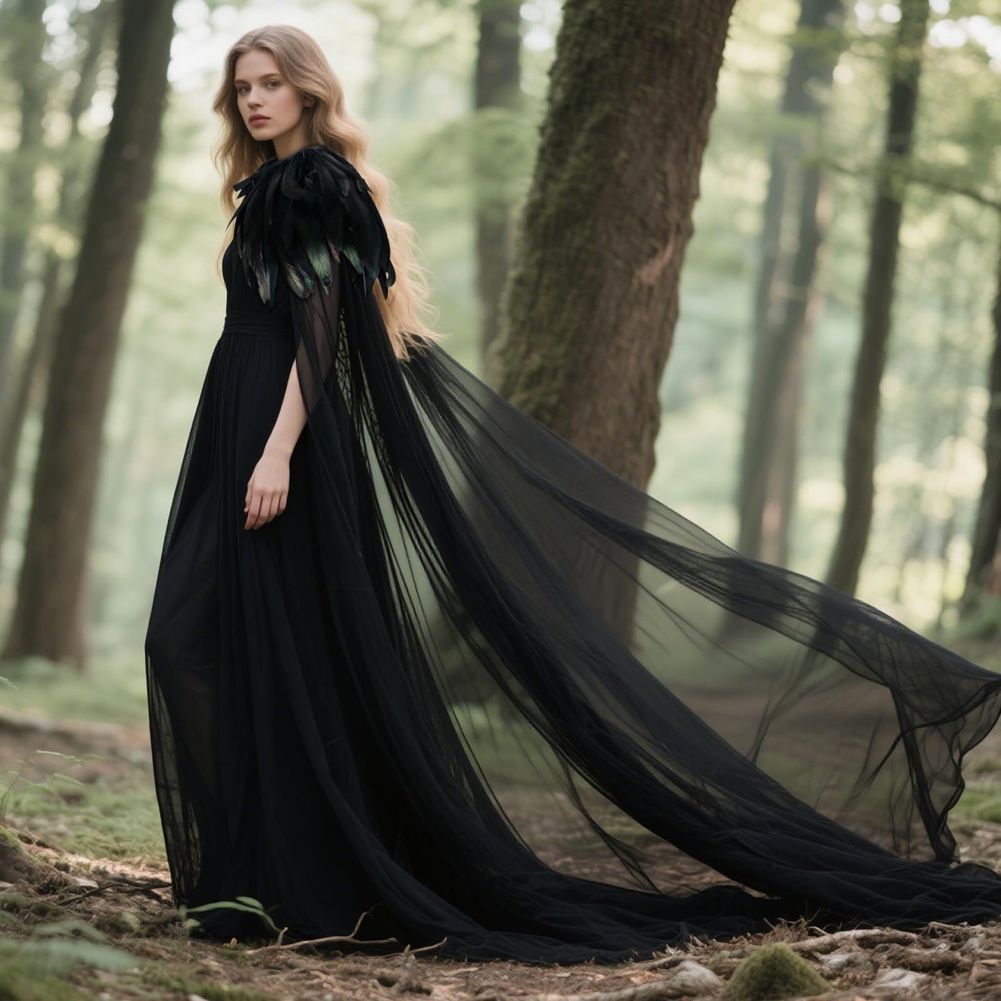 L'VOW Women Black Feather Cloak Gothic Feather Collar Tulle Cape Vampire Cloak Witches Cape Cosplay Costume