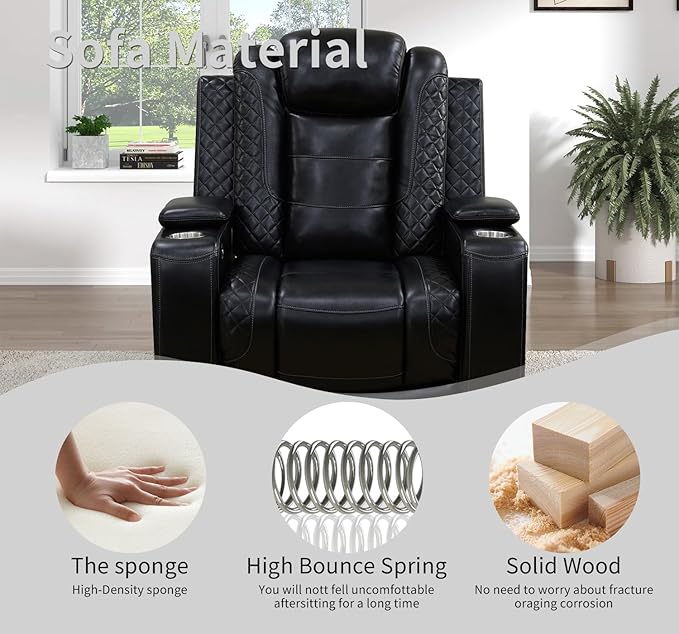 Caberryne Power Recliner Chair with LED Lights,Leather Reclining Couch with Storage Console/Arm Cup Holder for House/Home Theater/Small Space/Rv(Single Chair,Black)