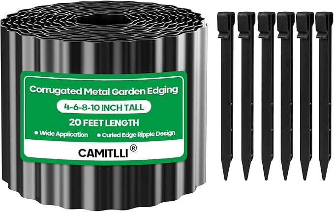 Camitlli Corrugated Metal Garden Edging,Sturdy Tall Landscape Edging Borders with 6pcs Anchor Stakes, Perfect DIY for Flower Beds, Lawn and Pathway,Tree Surrounds,Paver Edges (Black 10"×20FT)