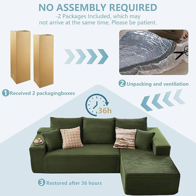 107" W Cloud Sectional Couch with L-Shape Chaise, Modern Corduroy Boneless Couch for Living Room,Memory Foam Sofa with Deep Seat,No Assembly Required (Green,Right-Facing Chaise)