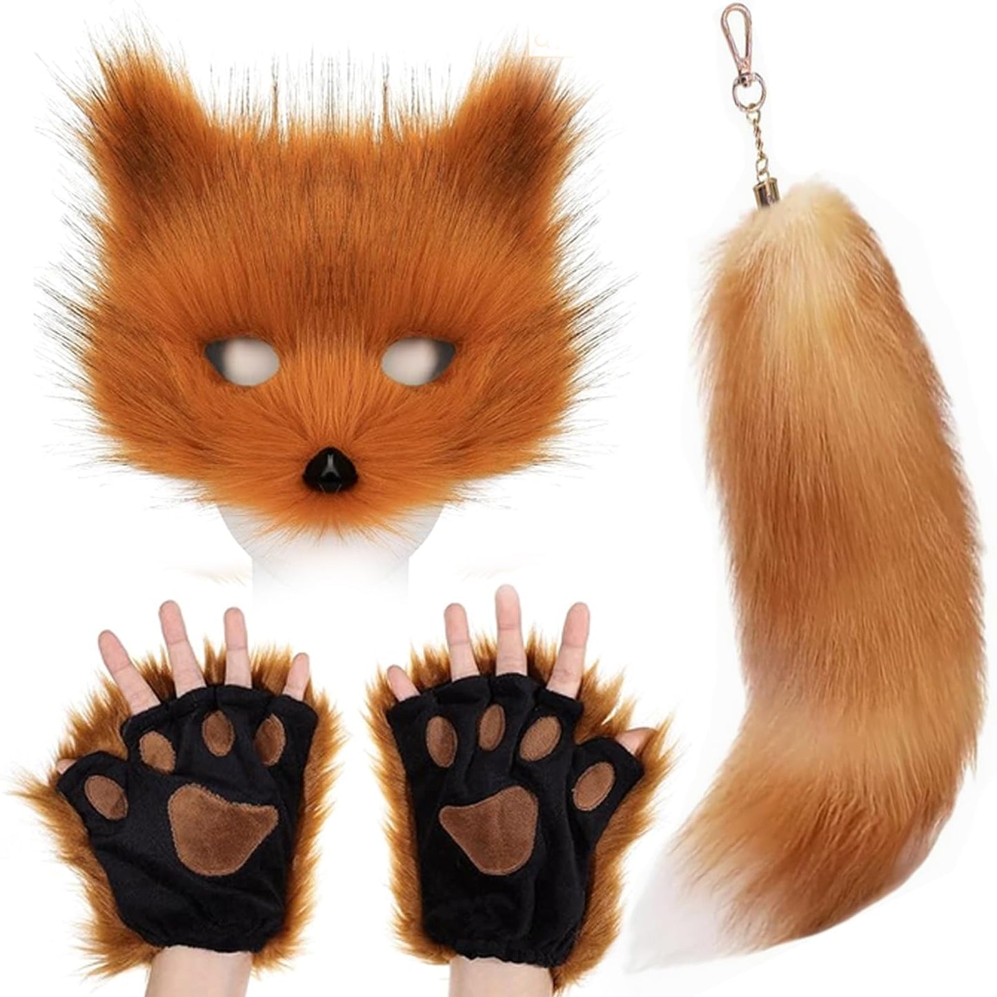 Valpeak Therian Mask and Tail Set for Girls Halloween Cat Mask Tail Cosplay Fox Mask Wolf Tail Over 1 Years Old (Golden)