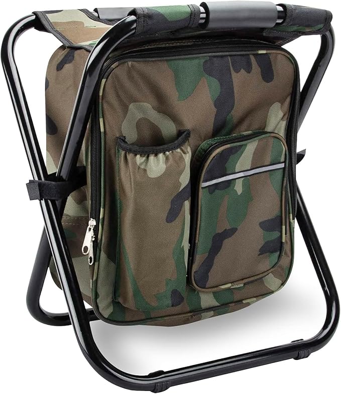 Kikerike Folding Stool Backpack Insulated Cooler Bag, Collapsible Camping Hunting Fishing Multifunction Chair with Front P...