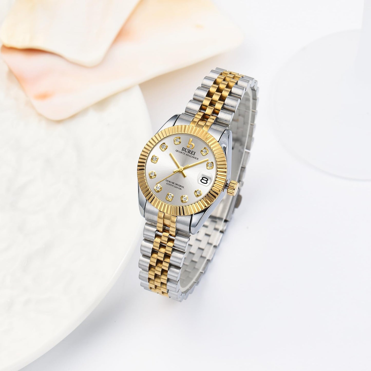 BUREI Women's Golden Watch Silver Stainless Steel Classic Quartz Women Watches with Date Fashion Business Small Face Diamond Waterproof Ladies Watches,Gift for Women