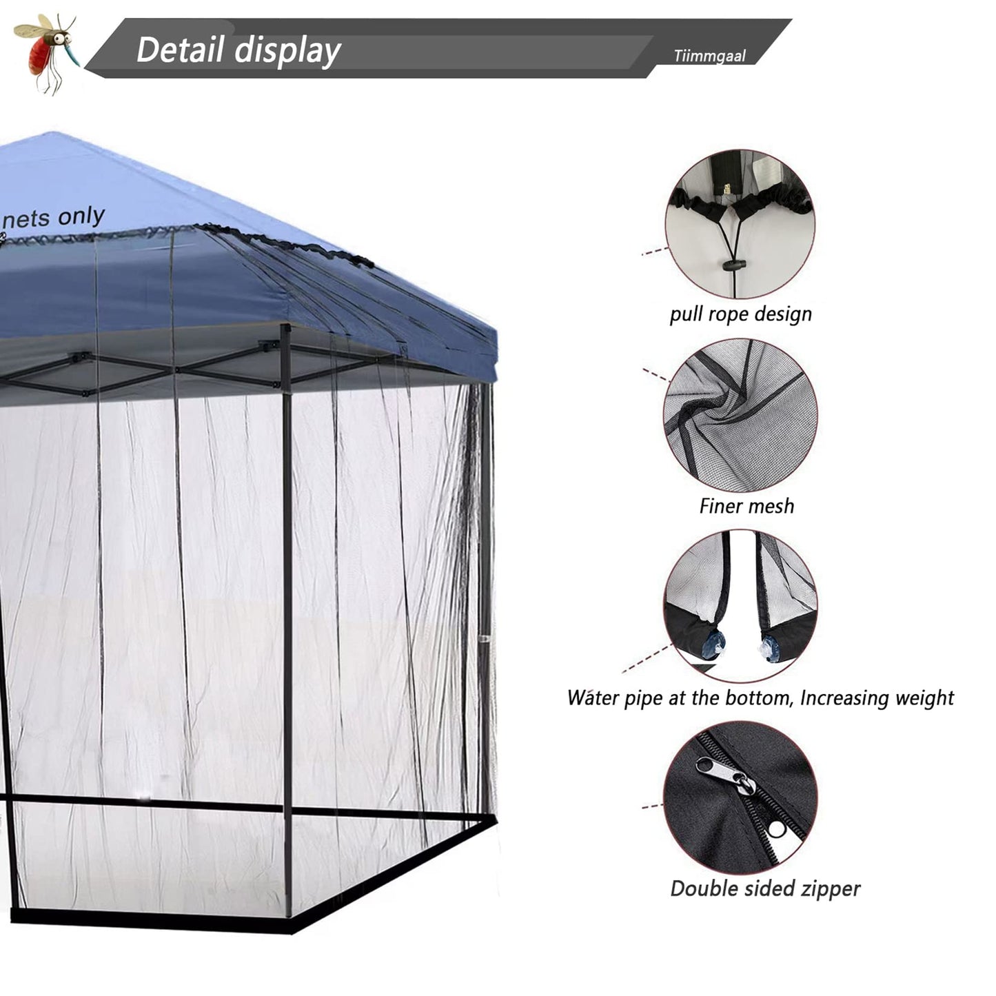 10x10 Mosquito Netting for Patio Camping Gazebo/Pop Up Canopy Tent,Double Door Side Screen Easy Installation Black（Only Mosquito Net No Frame） (Around 10x10FT)