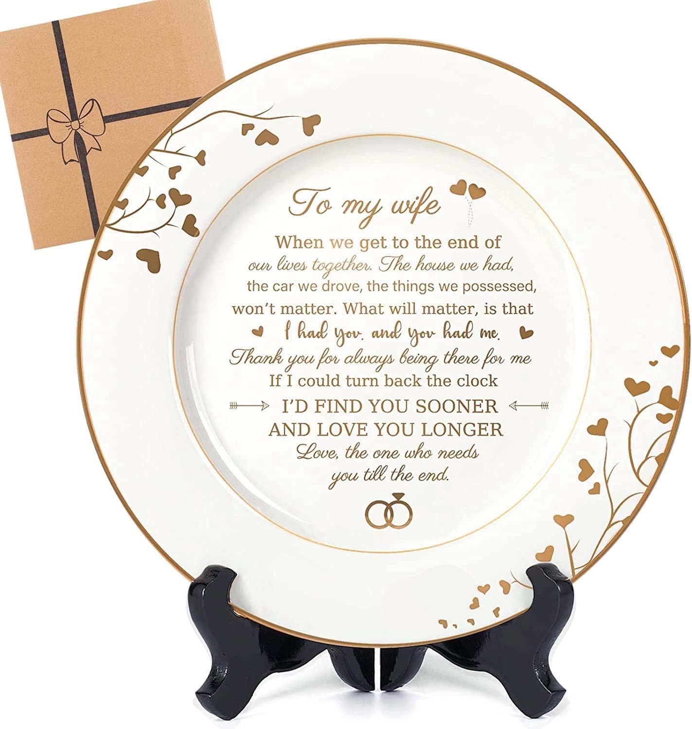 Urllinz Gifts for Wife - To My Wife Plate with 24k Gold Foil, Happy Birthday Anniversary Wedding Gift for Her from Husband, Ceramic 9"