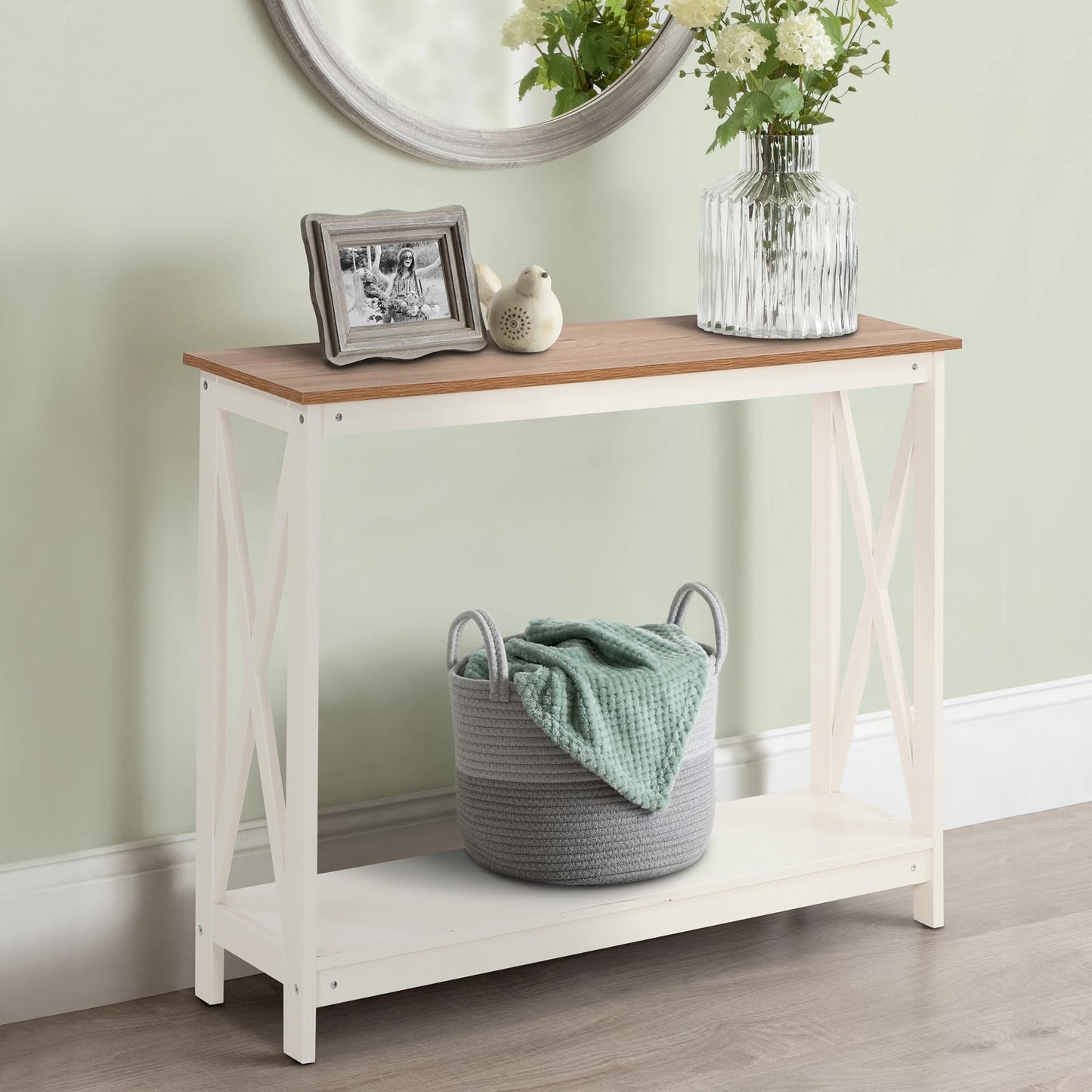 GREEN PARTY 40'' Console Table with Storage Shelf, 2 Tier Farmhouse Sofa Table X-Shaped Design Couch Table Narrow Console Table for Entryway, Hallway, Living Room, Ivory