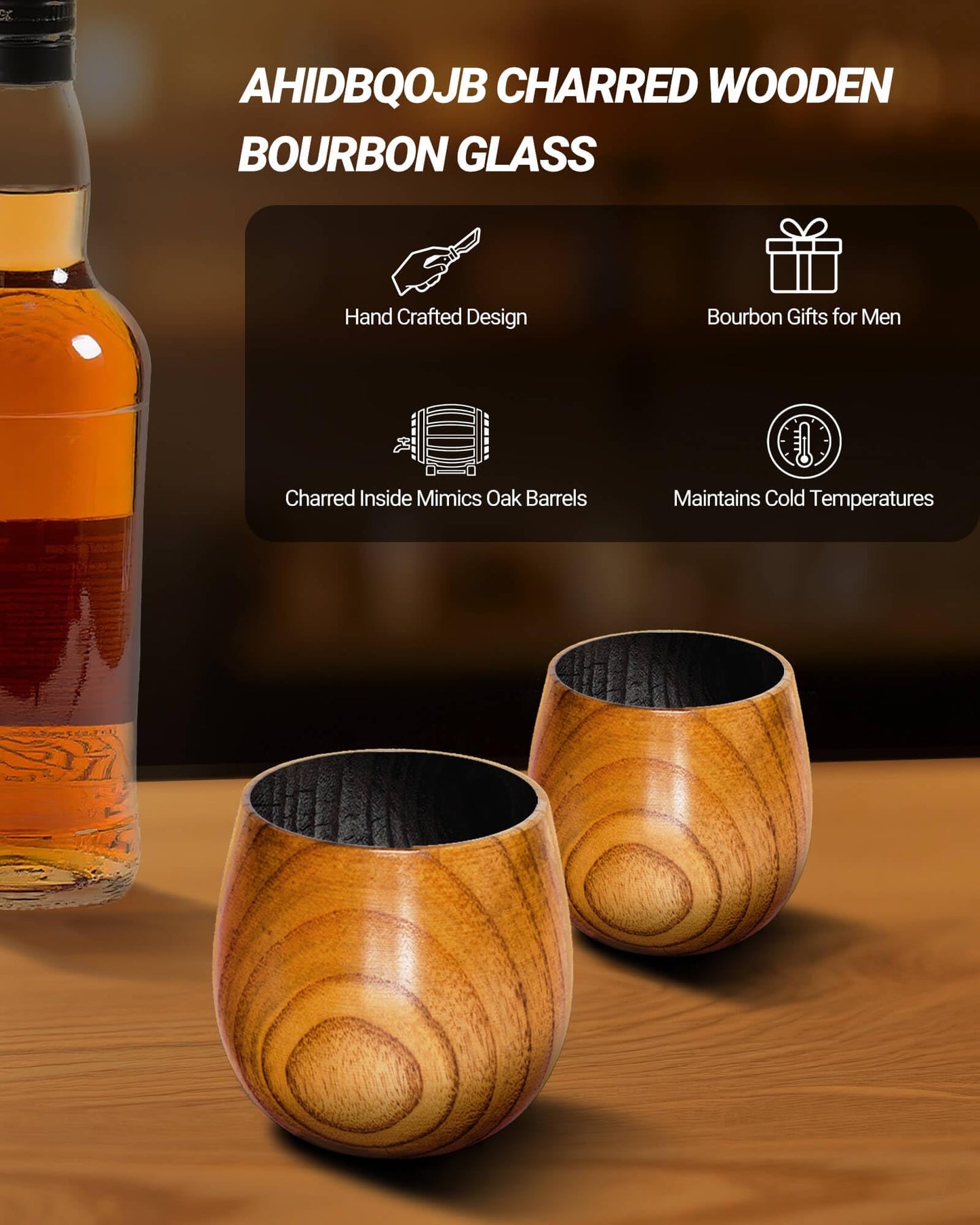 AHIDBQOJB Wooden Bourbon Drinking Glass - Charred Wooden Whiskey Cup - Whiskey Glass for Men - Bourbon Gifts for Men Who Have Everything - Birthday Gifts for Dad Husband Boyfriend or Brother (2 Pack)