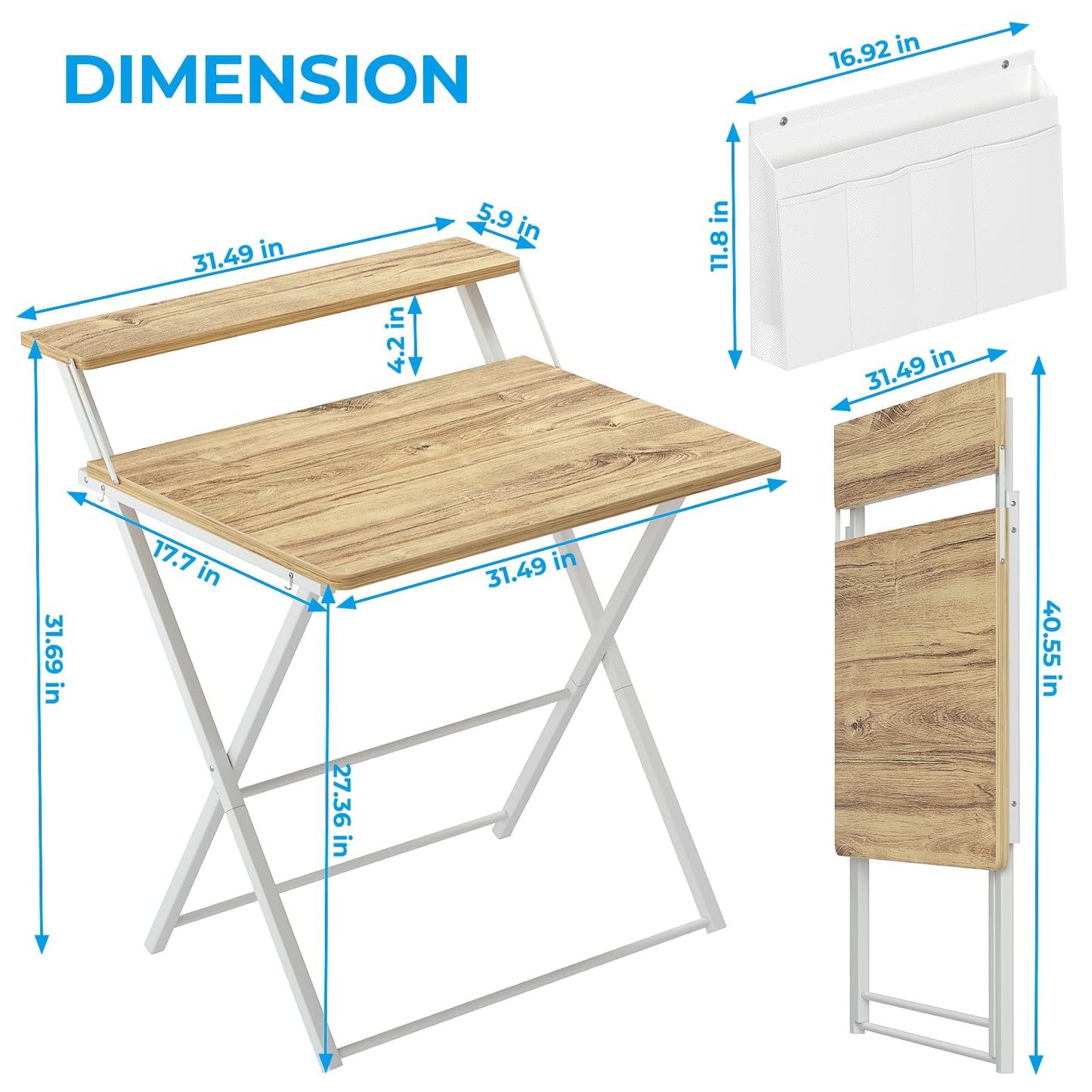 GreenForest Folding Desk for Small Spaces, 31.5 inch Foldable Table with Storage Bag, 2-Tier Portable Computer Desk with Monitor Stand for Home Bedroom, Oak