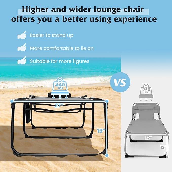 GYMAX Lounge Chair for Outside, 440lbs 27” Oversize Folding Beach Tanning Sunbath Chair with Adjustable Backrest & Removable Pillow, Lightweight Portable Patio Lounger for Lawn Poolside (1, Black)