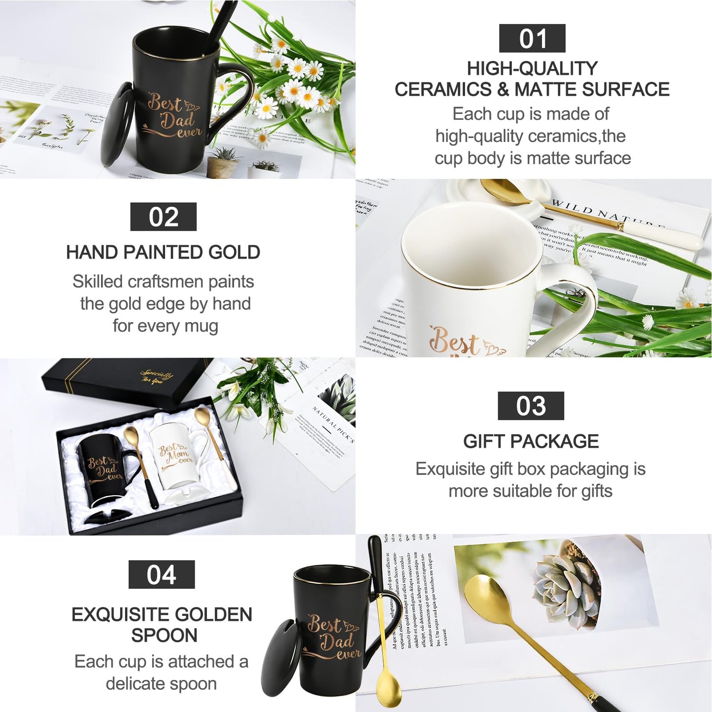 YHRJWN Mom and Dad Gifts, Best Dad and Mom Mug, Christmas Birthday Gifts for Parents from Daughter Son New Parent Couple Gift Set, Christmas 14 Oz Coffee Mug with Gift Box Coaster Spoon