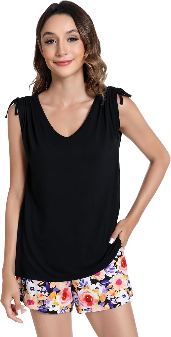 NACHILA Pajamas for Women-Viscose from Bamboo, Ribbed Racerback Tank Top Sexy Split Shorts Pajama Sets Cooling Sleep Cami Pjs