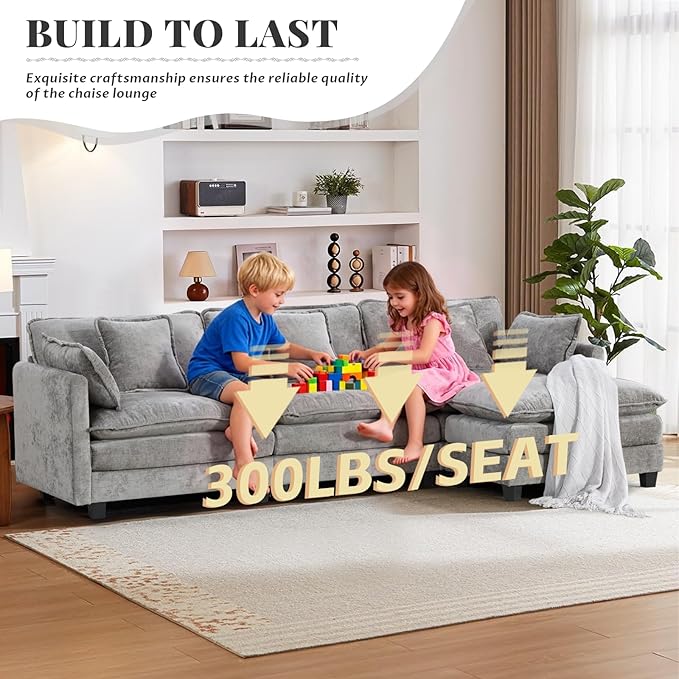 SoarFlash 113.78" Chenille Sectional Sofa, Comfy L Shaped Modular Coush Sofa with Ottoman, Modern 4 Seat Couch Deep Seat Sofa Set for Living Room,Grey