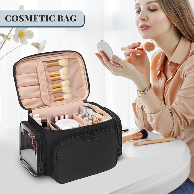 Travel Makeup Bag, Lightweight Large Makeup Bag Organizer for Women Girls with Makeup Brush Compartment & Two Side Pockets, Cosmetic Travel Bag Vertical Storage- Black02