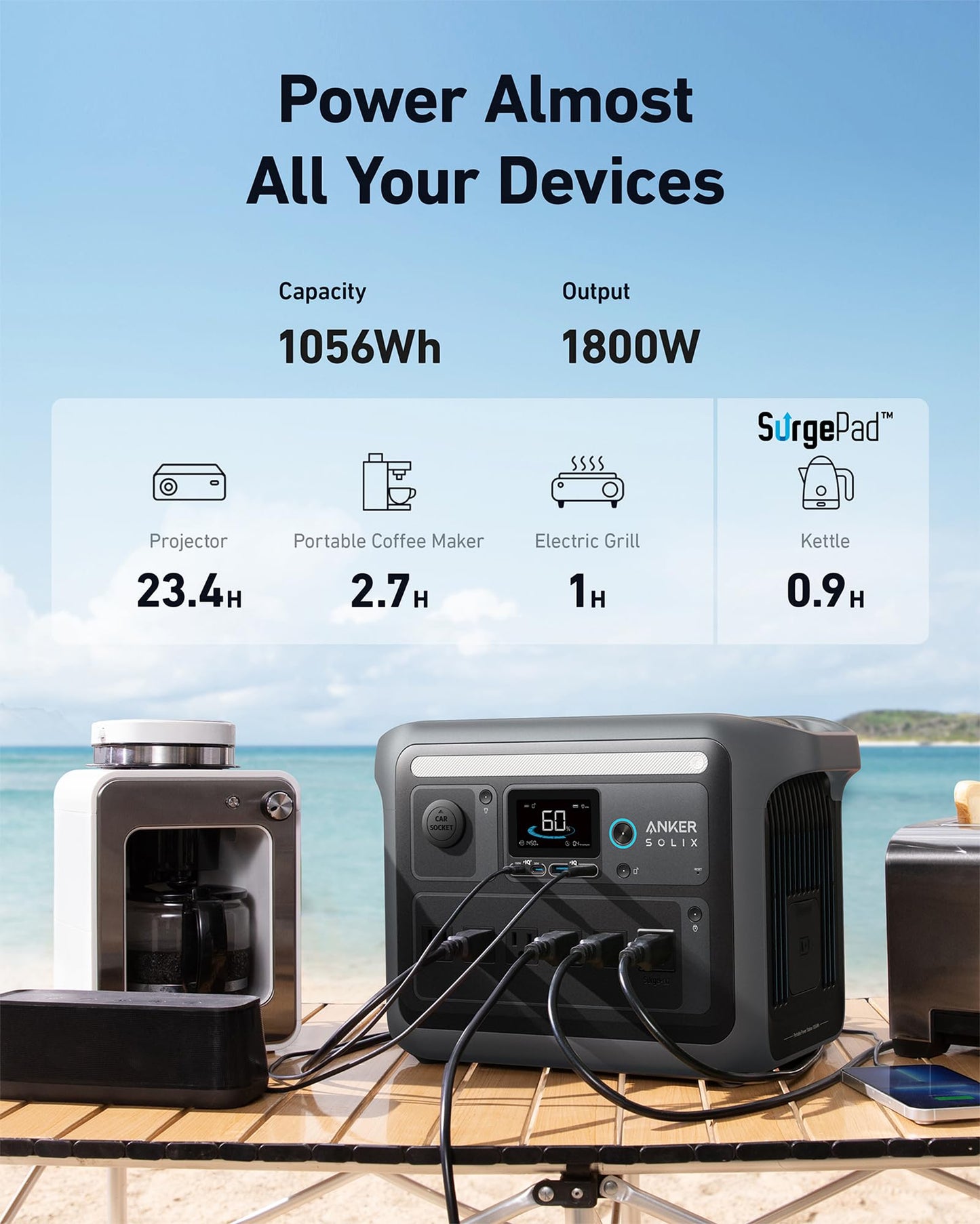 Anker Solix C1000 Portable Power Station With 200W Solar Panel, 1800W Solar Generator, 1056Wh Lfp (Lifepo4) Battery, 6 Ac Outlet
