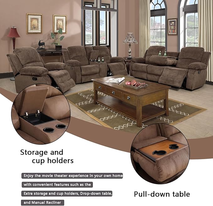 A Ainehome 3 Piece Set Corduroy Recliner Sofa Set with Storage, Modern, Taupe Brown, for Living Room/Office
