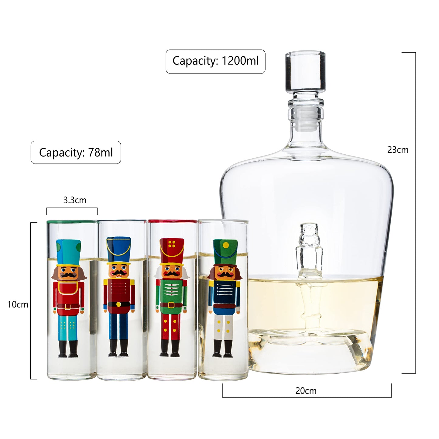 Nutcracker Decanter & Glasses, Set of 5 - Glassware Nutcrackers Theme & Shot Glass, Wine & Spirits - 40oz Bottle & 2oz - Holiday Spirit & Cheer Decor, Festive Themed Winter, Xmas Decorations
