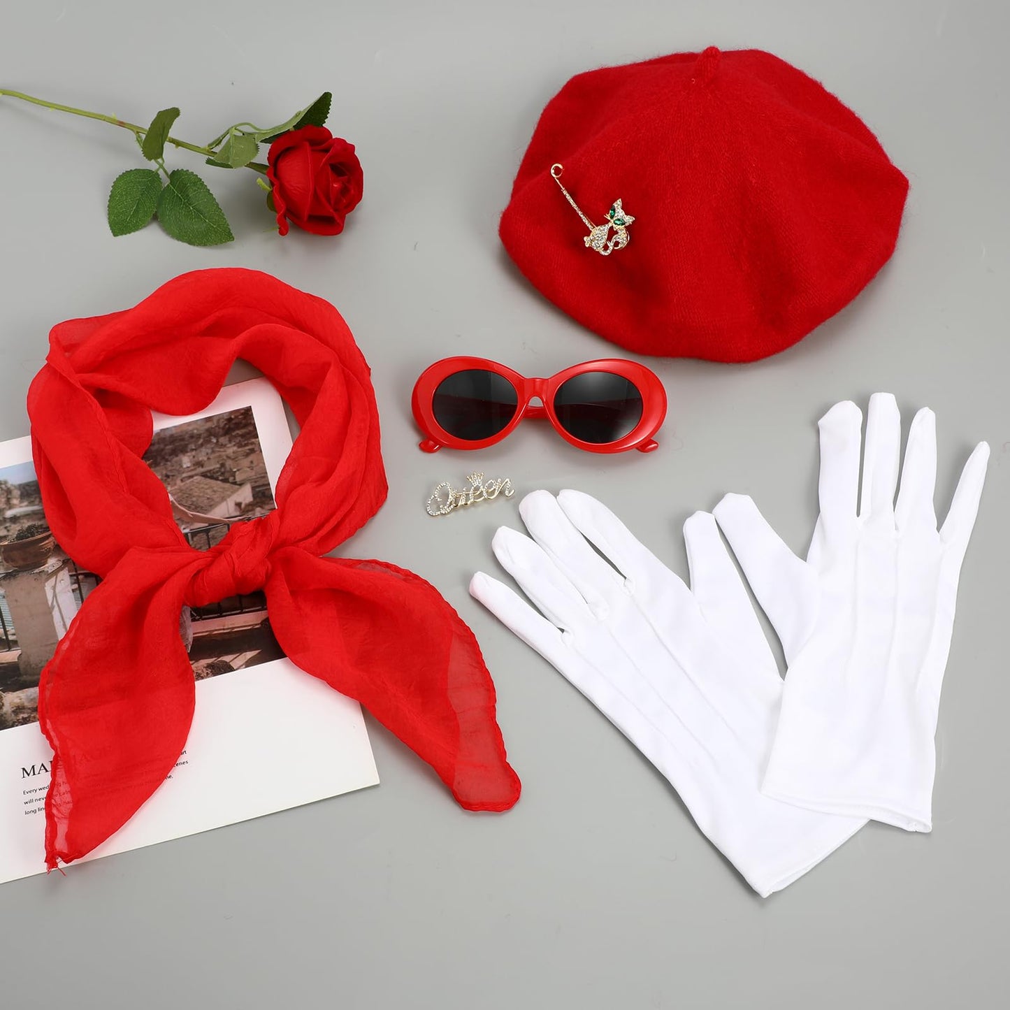 PHOGARY 6PCS French Costume Accessories Set, 50s Costume Accessories with Beret, Scarf, Sunglasses, Gloves, Brooches Mime Costume for Women Girls Halloween Cosplay French Themed Party