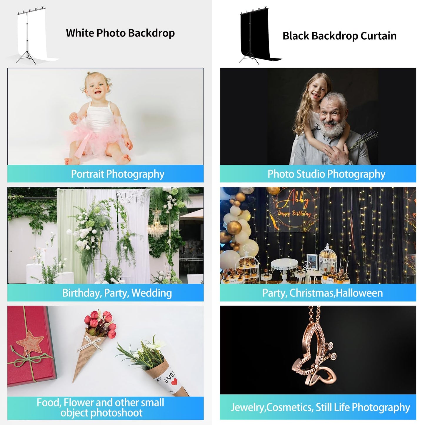 Black White Backdrop Screen with Stand Kit for Photo Video Studio Filming 5X6.5ft, Black Backdrop White Photo Curtain Background with T Shape Stand and 5 Spring Clamp for Photography Party Decorations