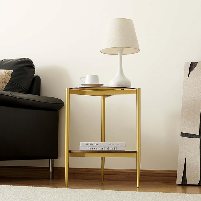 Pine Flicker Round End Table, Mid-Century Modern Design, D20*H23 inch, for Living Room, 2-Tier Structure, Amber Glass Top and Walnut MDF Shelf, Sleek Conical Metal Legs with Gold Finish