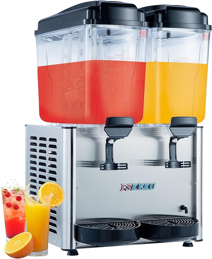 FSKEKU Dual-Tank Commercial Beverage Dispenser, 36L (9.5 Gal) Total, Black Refrigerated Juice Drink Machine, Stainless Ste...