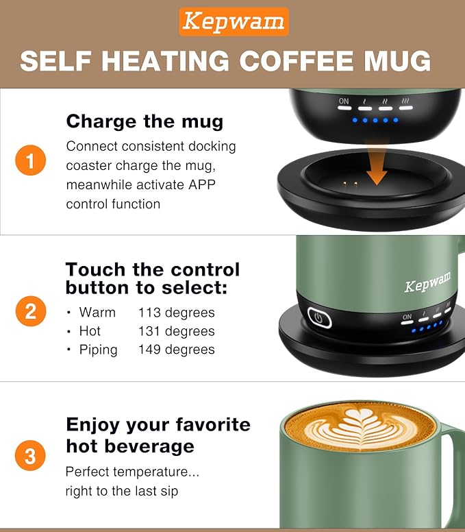 Kepwam Heated Coffee Mug T1-14oz Fast Heating & Longer Battery Life Self Heating Coffee Mug Hot to 149℉ - Touch & App Controlled Mug Coffee and Hot Beverage Warmer, Gifts for Women and Men