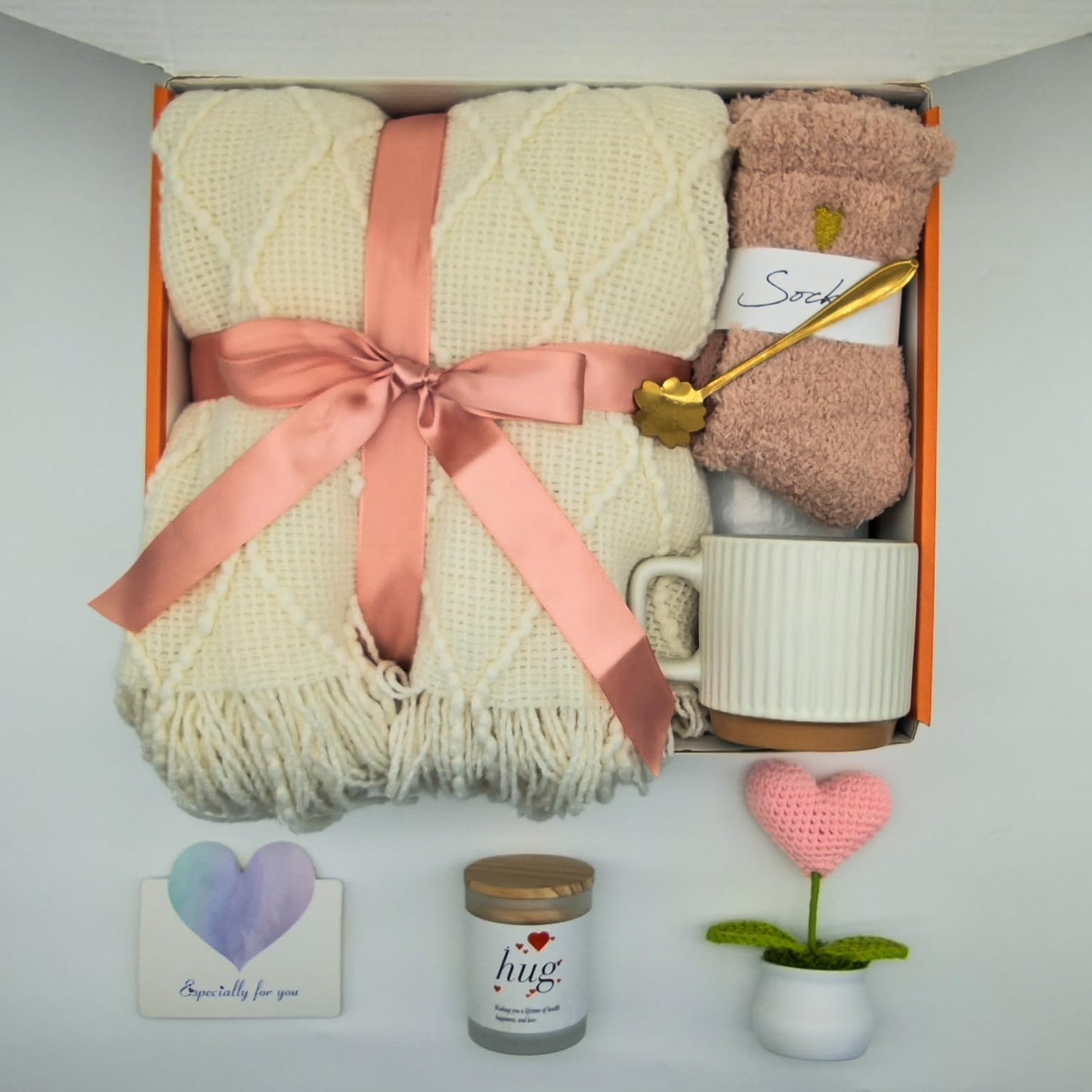 wangpengkai Birthday Gift Box for Women, 8 Pcs Get Well Soon Gifts Basket After Surgery, Sympathy Self Mother's Day Care Package, Cozy Off White Hug Blankets Gift for Sick Friends-Pink