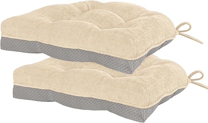 HARBOREST Chair Cushions for Dining Chairs Set of 2 - Chenille Tufted Kitchen Chair Cushions with Ties and Non-Slip Bottom, Foam Chair Pads for Dining Chairs, 17" x 17", Ivory