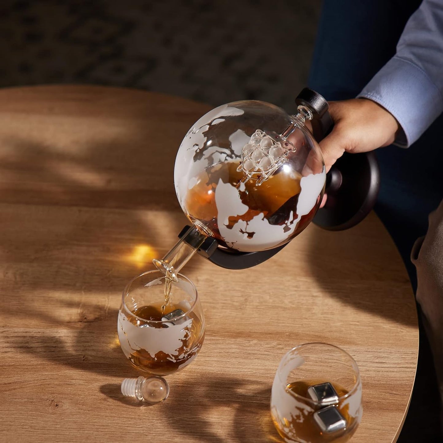 FWTBOOM Whiskey Globe Decanter Set, with 2 Etched Whiskey Glasses, 4 Ice Cubes, Tong & Funnel, Decanter for Liquor, Bourbon, Scotch, Whisky Gifts for Men Husband Boyfriend Dad, 1000ML