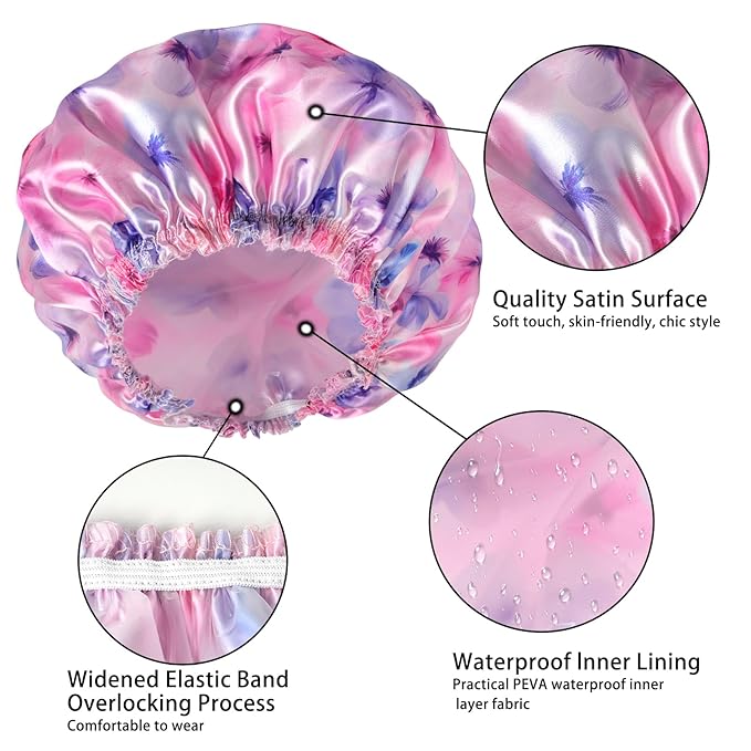 4 PCS Shower Caps for Women, Printing Bath Caps, Double Layers Shower Cap Reusable Waterproof, Bathing Shower Caps, Environmental Protection Hair Bath Hat - Flower C