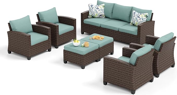 SUNSHINE VALLEY Patio Furniture Set Outdoor Furniture Brown Wicker Rattan Patio Conversation Sets with Cushion Outside Sofa Set,7 Pieces 9 Seats,Blue
