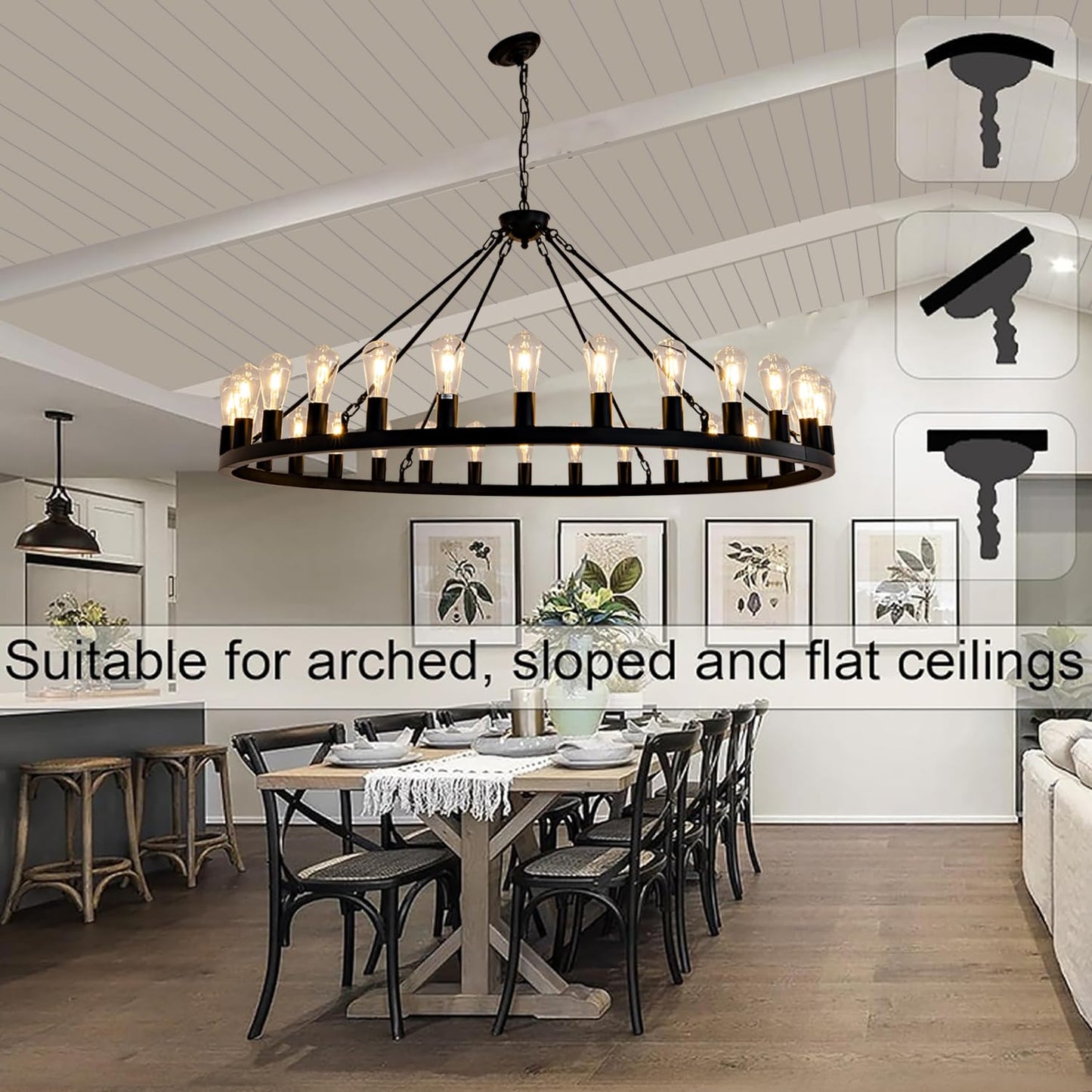 SARUDIIR Wagon Wheel Chandelier Farmhouse 53" 30-Light Large Black Farmhouse Round Wheel Chandelier Light fixtures Outdoor Wagon Wheel Chandeliers for Porch high Ceilings Dining Room Living Room