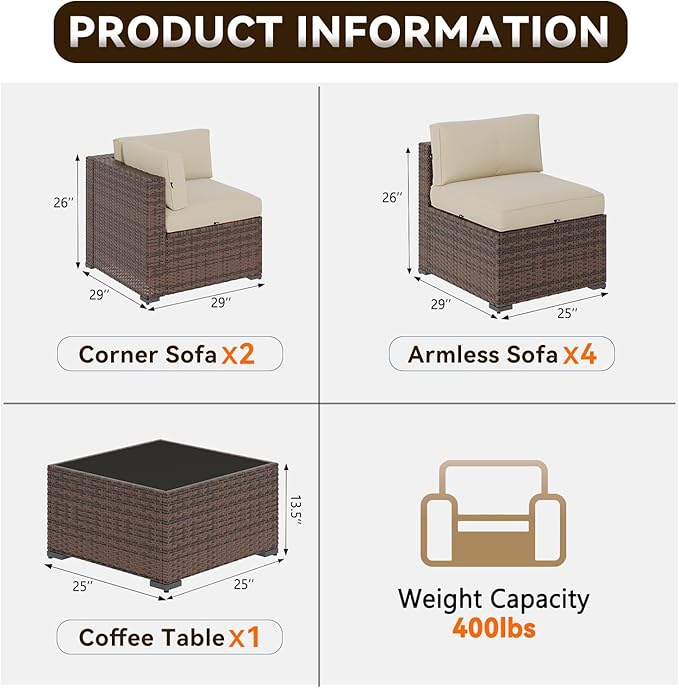 Aoxun Patio Furniture Sets, 7-Piece Outdoor Patio Furniture with Thick Cushions, Wicker Outdoor Conversation Set Sectional Sofa for Backyard, Poolside, Garden