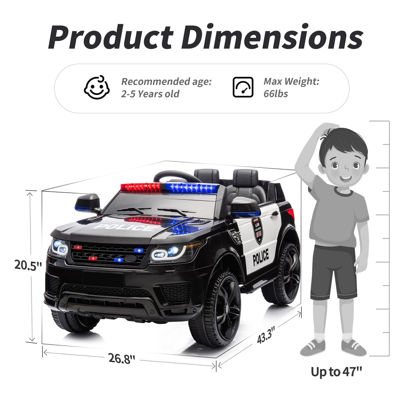 Hikiddo Electric Police Car for Kids, 24V Kids Ride-on Toy Car w/Remote Control, 400W Motor - Black
