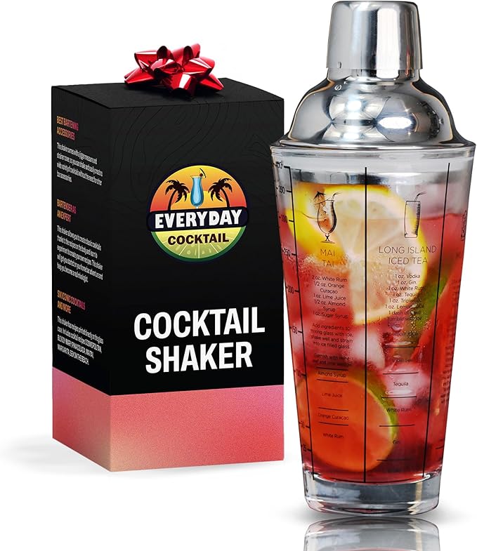 EVERYDAY COCKTAIL - Professional Glass Cocktail Shaker 14 oz, Martini Shaker with Recipes and Measurements, Built-in Strai...